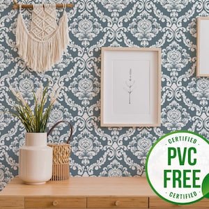 Papel pintado de damasco / Papel pintado vintage despegable y pegable o papel pintado sin pegar / Papel pintado autoadhesivo de damasco blanco y azul sin PVC