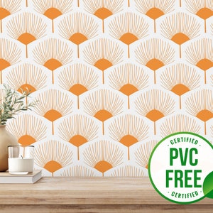 Orange abstract wallpaper | Removable Peel and Stick wallpaper or Unpasted wallpaper - PVC-Free | Floral Line Art Self-adhesive wallpaper