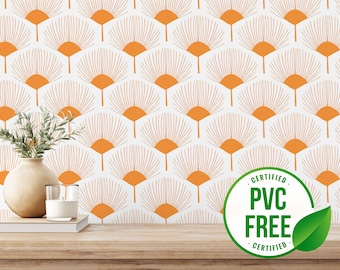 Orange abstract wallpaper | Removable Peel and Stick wallpaper or Unpasted wallpaper - PVC-Free | Floral Line Art Self-adhesive wallpaper