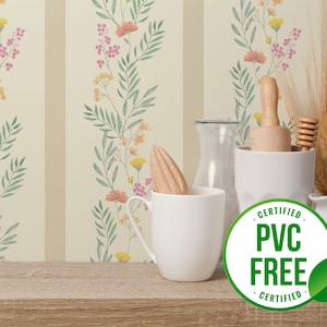 Bunte Sommer Wiese Tapete | Ablösbare Tapete oder ungeklebte Tapete - PVC-Frei | Gestreifte selbstklebende Tapete