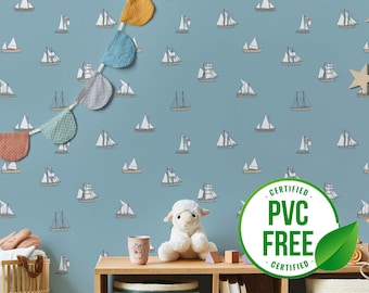 青い帆船の壁紙 | 剥がして貼れる壁紙または糊なし壁紙 - PVC フリー | 海の自己接着壁紙
