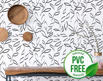 Painted leaf wallpaper | Removable Peel and Stick wallpaper or Unpasted wallpaper - PVC-Free | Hand Drawn Minimal Self-adhesive wallpaper