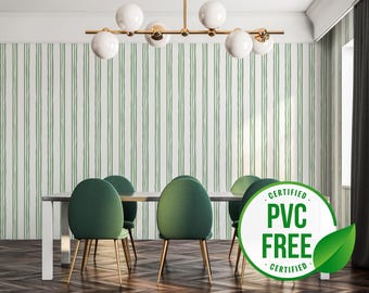 Green french stripe wallpaper | Removable Peel and Stick wallpaper or Unpasted wallpaper - PVC-Free | Striped Self-adhesive wallpaper
