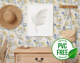Yellow and blue vintage wallpaper | Removable Peel and Stick wallpaper or Unpasted wallpaper - PVC-Free | Floral Self-adhesive wallpaper