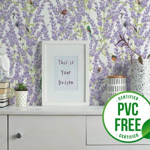 Lavander whimsical wallpaper | Removable Peel and Stick wallpaper or Unpasted wallpaper - PVC-Free | Bird Floral Self-adhesive wallpaper