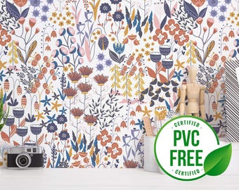 Colorful meadow wallpaper | Removable Peel and Stick wallpaper or Unpasted wallpaper - PVC-Free | Scandinavian Self-adhesive wallpaper