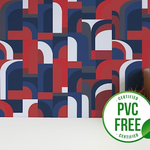 70er Jahre Tapete Rot und Blau | Ablösbare Tapete oder ungeklebte Tapete - PVC-Frei | Retro Bold Selbstklebende Tapete