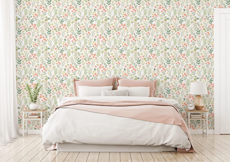 Green soft fall wallpaper | Removable Peel and Stick wallpaper or Unpasted wallpaper - PVC-Free | Floral Leaf Self-adhesive wallpaper image 2