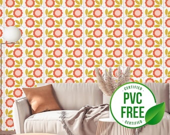 Colorful eclectic flower wallpaper | Removable Peel and Stick wallpaper or Unpasted wallpaper - PVC-Free | Retro Fun Self-adhesive wallpaper