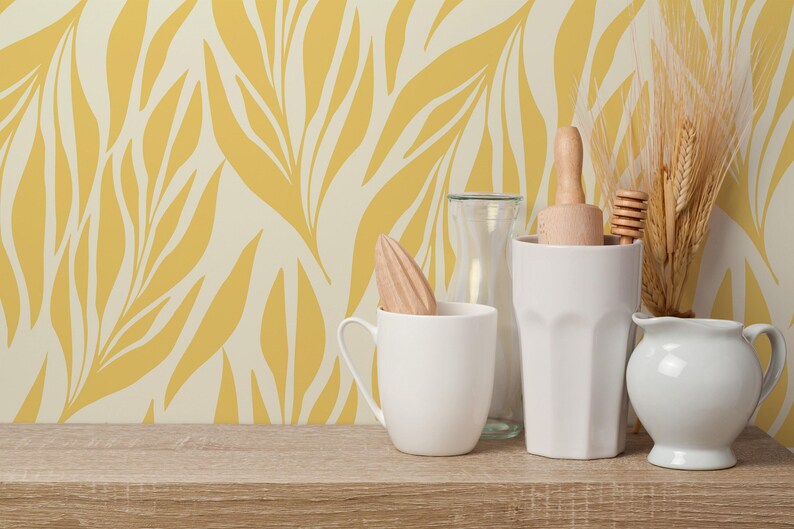 Yellow leaves wallpaper | Removable Peel and Stick wallpaper or Unpasted wallpaper - PVC-Free | Boho Scandi Self-adhesive wallpaper image 10