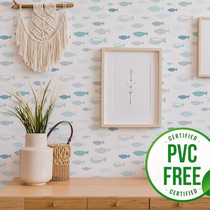 Tapete Blaue Fische | Ablösbare Tapete oder ungeklebte Tapete - PVC-Frei | Selbstklebende Tapete fürs Kinderzimmer