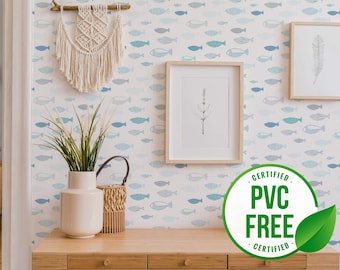 Blue fish wallpaper | Removable Peel and Stick wallpaper or Unpasted wallpaper - PVC-Free | Nautical Nursery Self-adhesive wallpaper