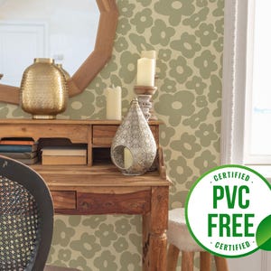 Salbeigrüne retro Tapete | Ablösbare Tapete oder ungeklebte Tapete - PVC-Frei | Floral Funky Selbstklebende Tapete