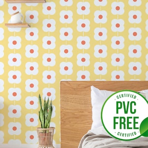 Gelbe retro Blumen Tapete | Ablösbare Tapete oder ungeklebte Tapete - PVC-Frei | Stripe Bold Selbstklebende Tapete