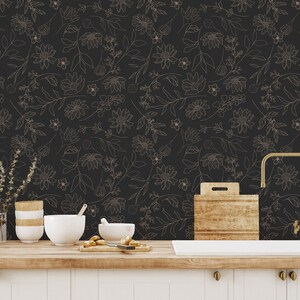 Black and beige floral wallpaper | Removable Peel and Stick wallpaper or Unpasted wallpaper - PVC-Free | Bold Self-adhesive wallpaper image 2