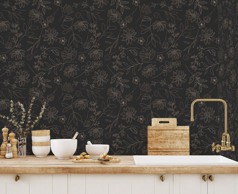 Black and beige floral wallpaper | Removable Peel and Stick wallpaper or Unpasted wallpaper - PVC-Free | Bold Self-adhesive wallpaper image 2