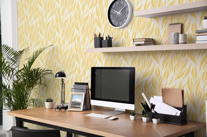Yellow leaves wallpaper | Removable Peel and Stick wallpaper or Unpasted wallpaper - PVC-Free | Boho Scandi Self-adhesive wallpaper image 6