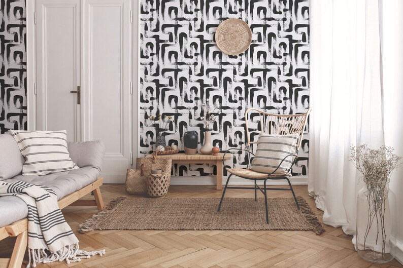 Black and White Selfadhesive Wallpaper Brush Stroke Peel Etsy