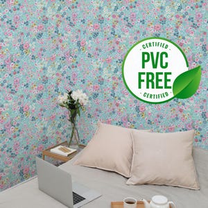 Blau und Rosa Blumentapete | Ablösbare Tapete oder ungeklebte Tapete - PVC-Frei | Selbstklebende Tapete