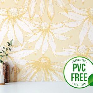 Gelbe Vintage Margeriten Tapete | Ablösbare Tapete oder ungeklebte Tapete - PVC-Frei | Floral selbstklebende Tapete