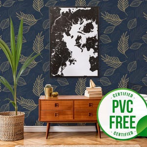 Carta da parati autoadesiva con foglie blu navy / Carta da parati botanica rimovibile stacca e attacca - Materiale senza PVC e inchiostri ecologici
