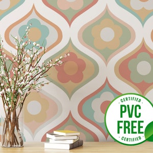 Pastel aesthetic retro wallpaper | Removable Peel and Stick wallpaper or Unpasted wallpaper - PVC-Free | Floral 70S Self-adhesive wallpaper