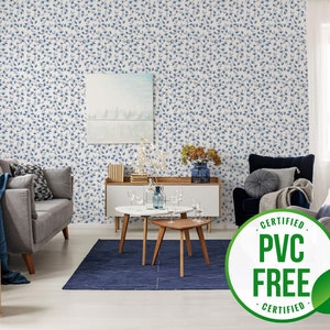 Blue floral wallpaper | Removable Peel and Stick wallpaper or Unpasted wallpaper - PVC-Free | Farmhouse Seamless Self-adhesive wallpaper