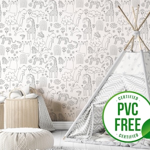 Black cute animal wallpaper | Removable Peel and Stick wallpaper or Unpasted wallpaper - PVC-Free | Minimal Neutral Self-adhesive wallpaper