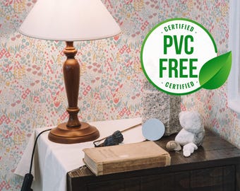 Beige and pink floral wallpaper | Removable Peel and Stick wallpaper or Unpasted wallpaper - PVC-Free |  Self-adhesive wallpaper