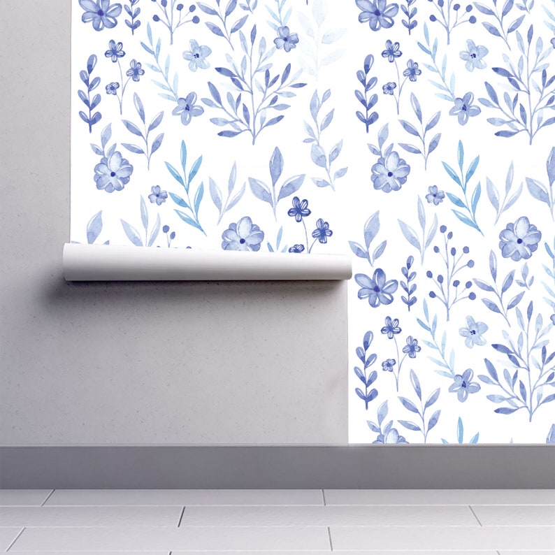 Botanical self-adhesive wallpaper blue and white floral peel | Etsy