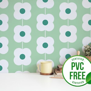 Grüne retro Tapete | Ablösbare Tapete oder ungeklebte Tapete - PVC-Frei | Geometrische Blumen Selbstklebende Tapete