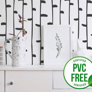 Black minimal birch wallpaper | Removable Peel and Stick wallpaper or Unpasted wallpaper - PVC-Free | Striped Nature Self-adhesive wallpaper