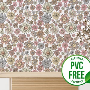 Neutral 70s retro wallpaper | Removable Peel and Stick wallpaper or Unpasted wallpaper - PVC-Free | Floral Aesthetic Self-adhesive wallpaper