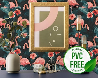 Flamingo wallpaper | Tropical Removable Peel and Stick wallpaper or Unpasted wallpaper - PVC-Free | Bird Self-adhesive wallpaper