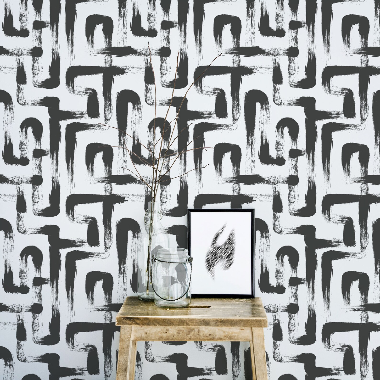 Black and White Selfadhesive Wallpaper Brush Stroke Peel Etsy