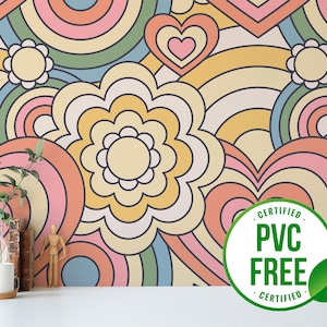 Pastell retro Tapete | Ablösbare Tapete oder ungeklebte Tapete - PVC-Frei | Herzen Blumen Selbstklebende Tapete