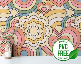Pastel retro wallpaper | Removable Peel and Stick wallpaper or Unpasted wallpaper - PVC-Free | Hearts Floral Self-adhesive wallpaper