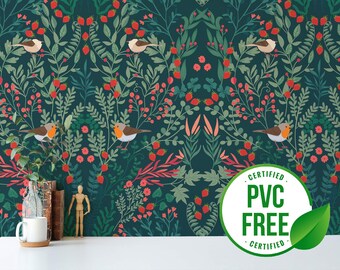 Dark Green strawberry wallpaper | Removable Peel and Stick wallpaper or Unpasted wallpaper - PVC-Free | Bird Bold Self-adhesive wallpaper
