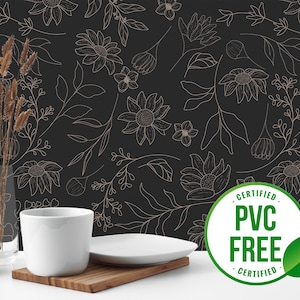 Schwarz-beige Blumentapete | Ablösbare Tapete oder ungeklebte Tapete - PVC-Frei | Gewagte selbstklebende Tapete