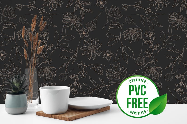 Black and beige floral wallpaper | Removable Peel and Stick wallpaper or Unpasted wallpaper - PVC-Free | Bold Self-adhesive wallpaper image 1