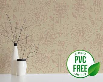 Beige vintage florals wallpaper | Removable Peel and Stick wallpaper or Unpasted wallpaper - PVC-Free | Line Art Self-adhesive wallpaper