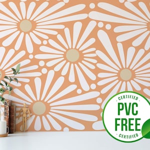 Orange retro Tapete | Ablösbare Tapete oder ungeklebte Tapete - PVC-Frei | Funky Floral Selbstklebende Tapete