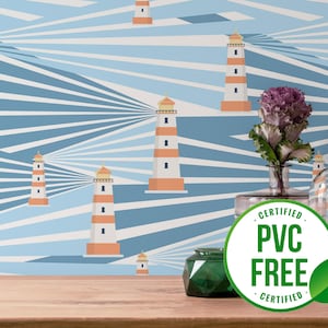 Blue and orange lighthouse wallpaper | Removable Peel and Stick wallpaper or Unpasted wallpaper - PVC-Free | Kids Self-adhesive wallpaper