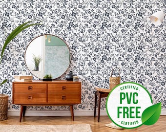 Marineblaue Retro Bauernhaus Tapete | Ablösbare Tapete oder ungeklebte Tapete - PVC-Frei | Floral selbstklebende Tapete