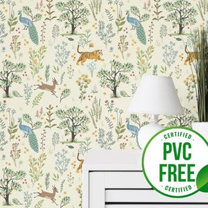 Grüne Menagerie Tapete | Ablösbare Tapete oder ungeklebte Tapete - PVC-Frei | Tier Baum Selbstklebende Tapete