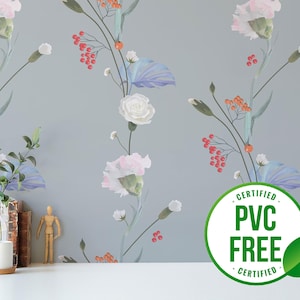 Blue floral Scandinavian wallpaper | Removable Peel and Stick wallpaper or Unpasted wallpaper - PVC-Free | Stripe Self-adhesive wallpaper