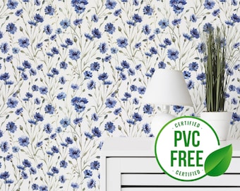 Blue floral wallpaper | Removable Peel and Stick wallpaper or Unpasted wallpaper - PVC-Free | Watercolor Farmhouse Self-adhesive wallpaper