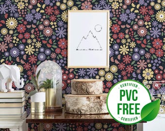 Colorful small flower wallpaper | Removable Peel and Stick wallpaper or Unpasted wallpaper - PVC-Free | Bold Vintage Self-adhesive wallpaper