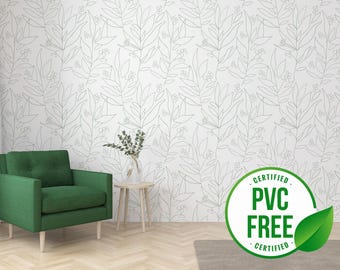Green floral line wallpaper | Removable Peel and Stick wallpaper or Unpasted wallpaper - PVC-Free | Nursery Natural Self-adhesive wallpaper