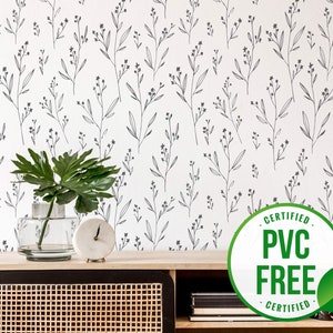 Black floral wallpaper | Removable Peel and Stick wallpaper or Unpasted wallpaper - PVC-Free | Minimal Neutral Self-adhesive wallpaper